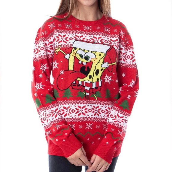 Nickelodeon SpongeBob SquarePants Ugly Christmas Holiday Sweater Red Size Small - Picture 9 of 10